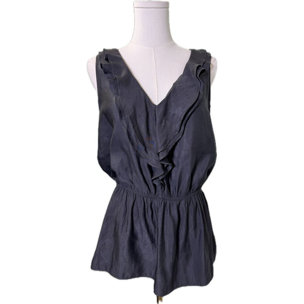 Women's Express Ruffled V-neck Sleeveless Blouse Top, Dark Gray, Size Medium